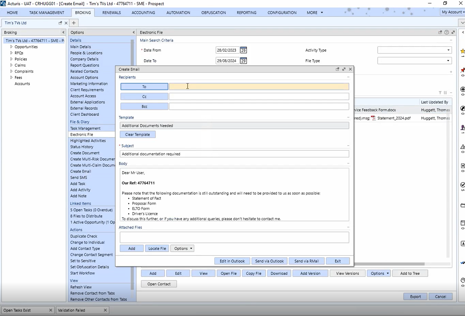 Sending an RMail Registered Email™ from Acturis