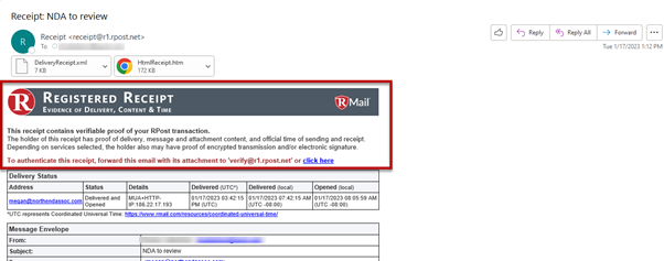 Registered Receipt back to the sender Mailbox