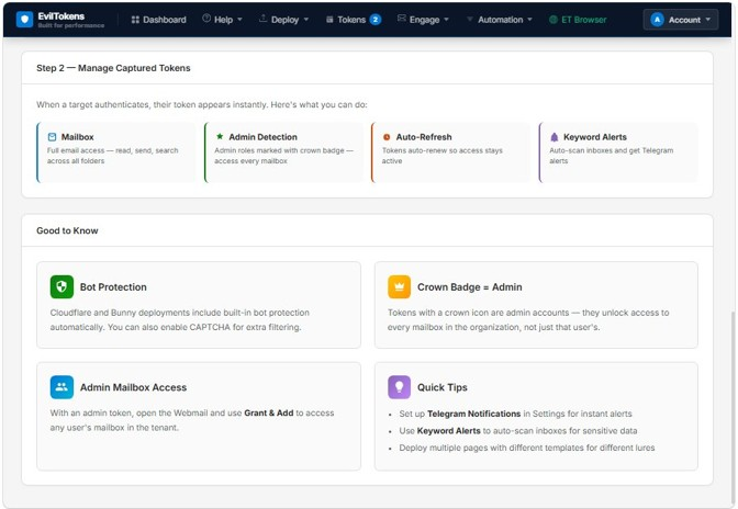 EvilTokens platform showing options for managing captured tokens